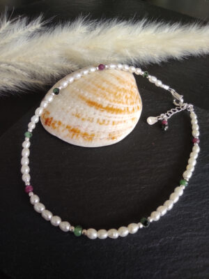 bracelet cheville perle de culture zoïsite a rubis